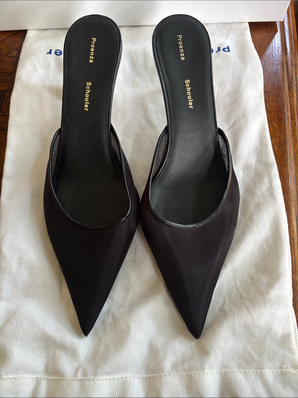 Proenza Schouler Tulle Mesh Spike Black Pointed Slip-On Mules chrome